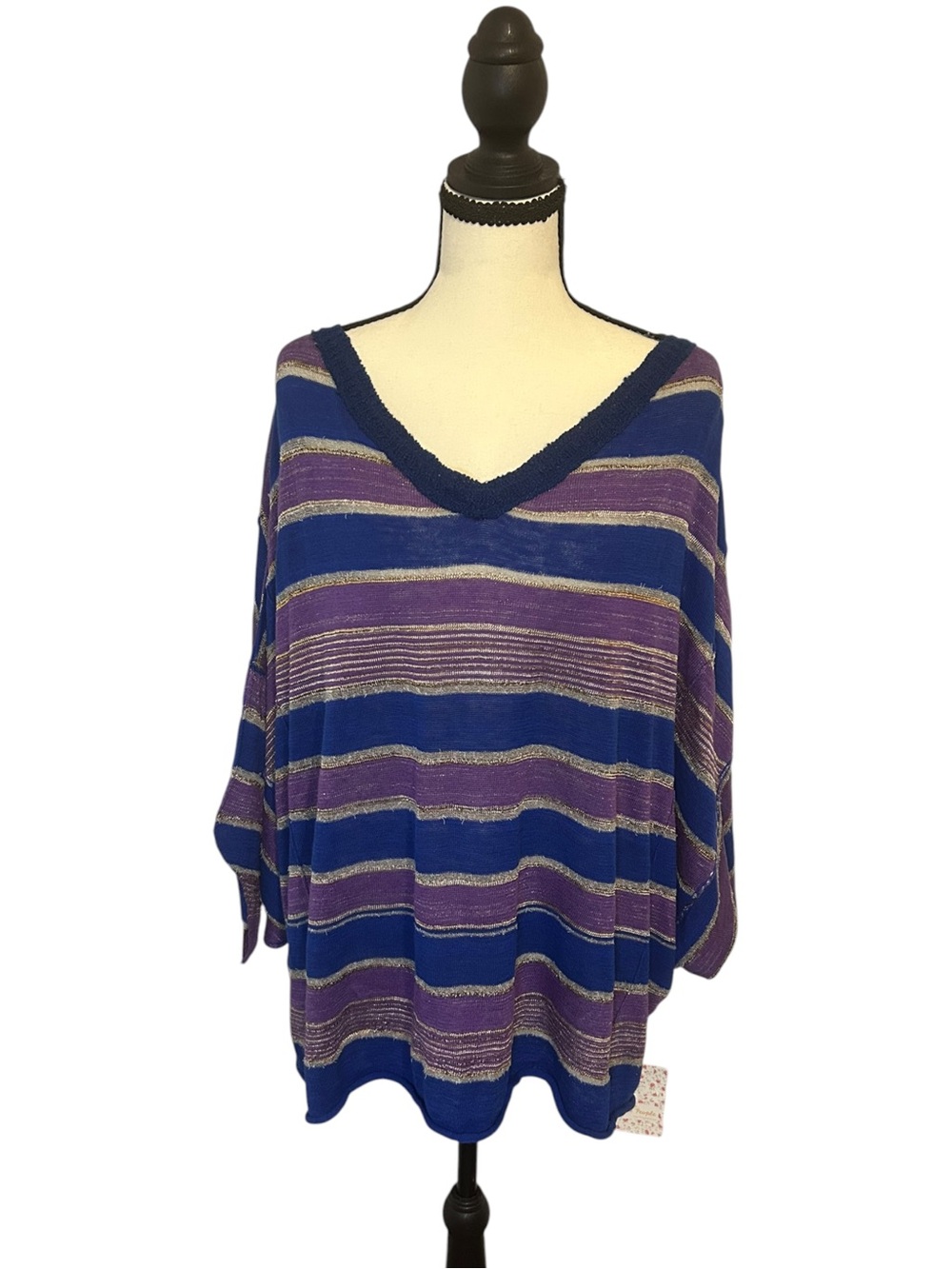 NWT Free People Love Me Too Dolman V-Neck Striped Sweater Top Blue Purple